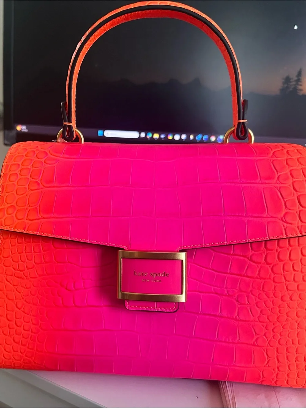 kate spade Hot Pink Croc-Embossed Top Handle Satchel with Gold Hardware